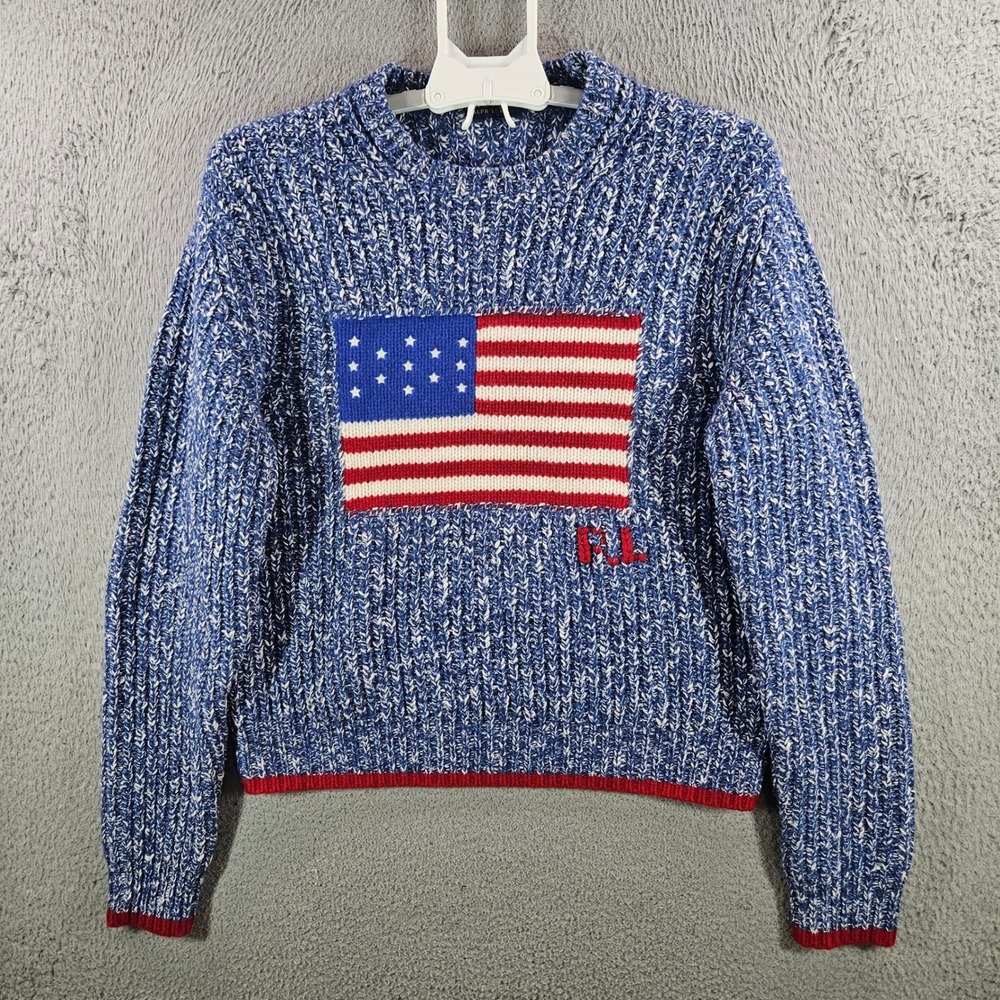 Polo Ralph Lauren American Flag Knit Sweater Blue White Marled Womens Medium